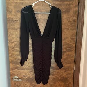 NWOT Windsor Black Mesh Sleeve Ruched Dress - Small